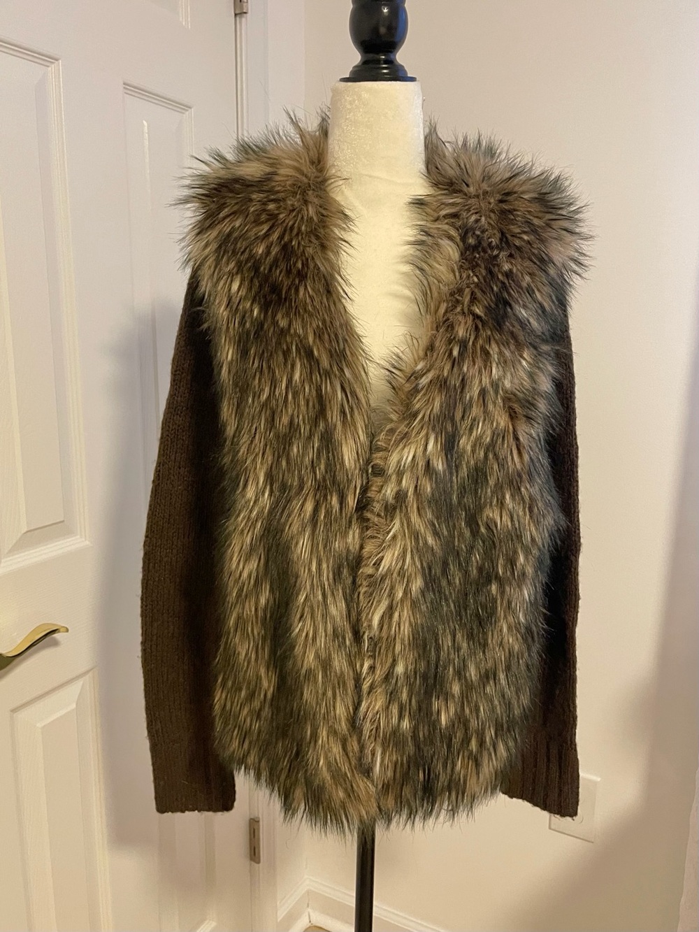 Ecote Brown Faux Fur Trim Knit Cardigan